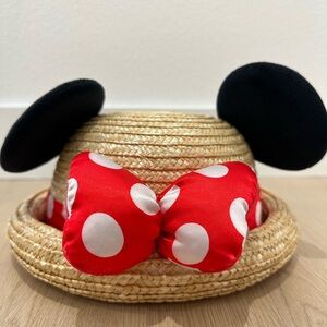 Minnie Mouse Straw Hat with Red Polka Dot Bow and Black Ears